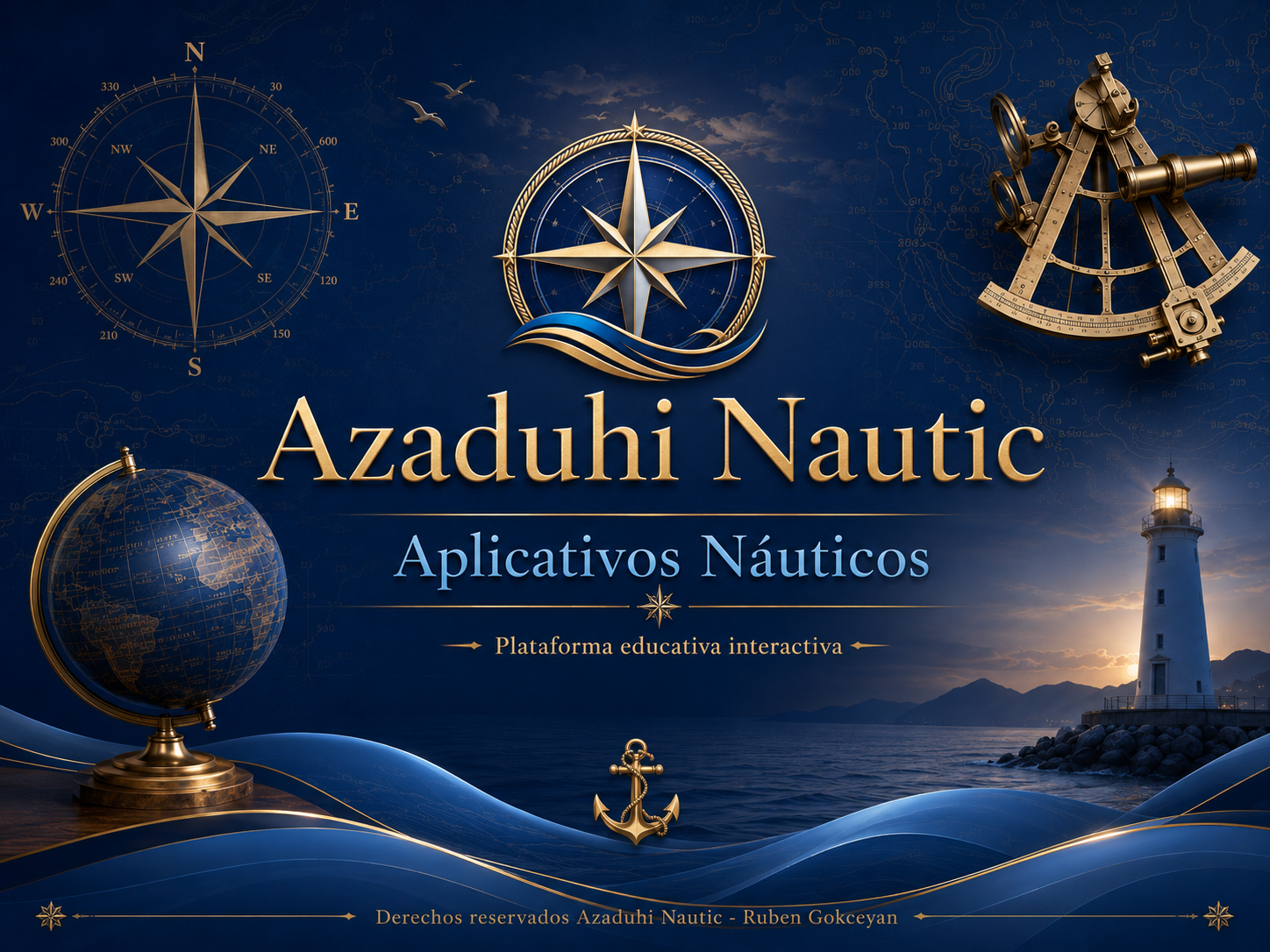 Instrumentos de navegación, rosa de los vientos y faro de Azaduhi Nautic
